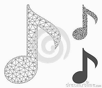 Musical Note Vector Mesh Carcass Model and Triangle Mosaic Icon Vector Illustration