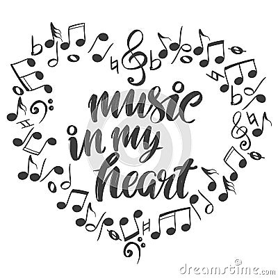 Musical notes in the form of a heart icon, love music, calligraphy text hand drawn vector illustration sketch Vector Illustration