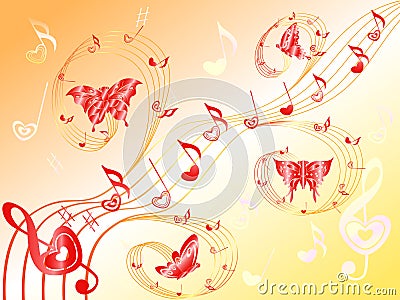 Musical notes on stave with hearts and butterflies Vector Illustration