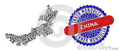 Musical Pattern for Inner Mongolia Map and Bicolor Scratched Seal Stamp Vector Illustration