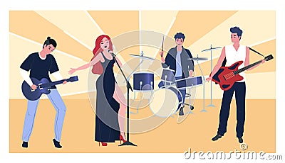 Musical performance, group character male, female, flat vector illustration. Woman singer, guitarist, bassist, drummer. Vector Illustration