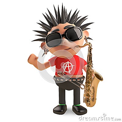 Musical punk rocker with spikey hair goes jazz with a saxophone, 3d illustration Cartoon Illustration