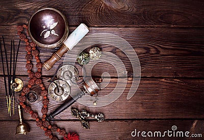 Musical religious instruments for Buddhist practices Stock Photo