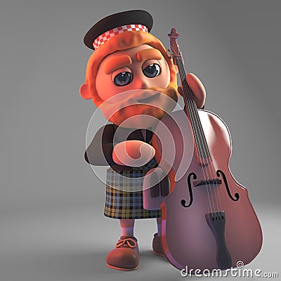 Musical Scottish man in kilt playing the double bass, 3d illustration Cartoon Illustration