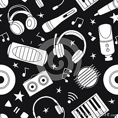 Musical seamless pattern. Headphones and microphones, sound speaker and music notes. Black and white stylish decent Vector Illustration