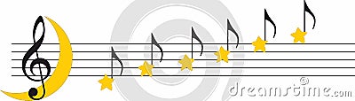 Musical staff with yellow stars notes and moon, moonlight sonata Vector Illustration