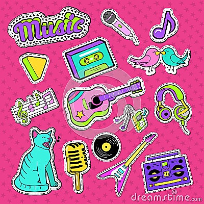 Musical Stickers, Badges and Patches. Music Instruments and Teenager Style Elements Doodle Vector Illustration