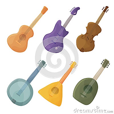Musical stringed instruments in cartoon style guitar, violin, balalaika, lute Vector Illustration