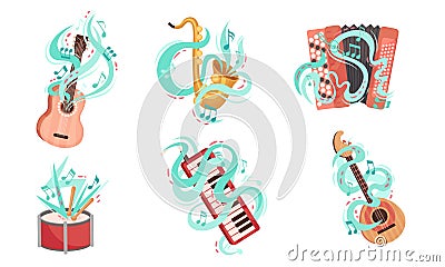 Musical Stringed and Wind Instruments with Decorative Swirling Lines Vector Set Vector Illustration