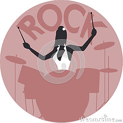 Musical style. Rock. Silhouette of girl playing the drums Vector Illustration