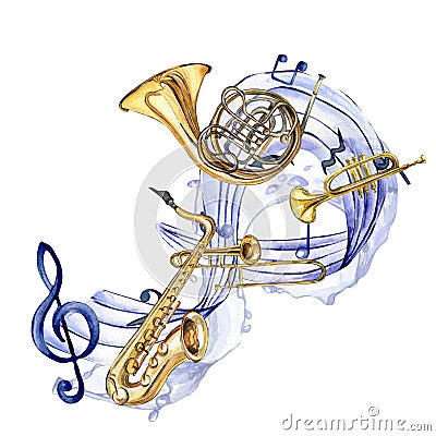 Musical symbols and wind musical instruments watercolor illustration isolated on white. Cartoon Illustration