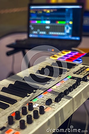 Musical synth keyboard and control buttons Stock Photo
