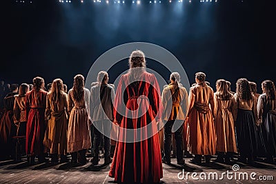 Musical Theater Cast In Beautiful Clothes Stands On Stage And Looks Out At The Audience, Rear View. Generative AI Stock Photo