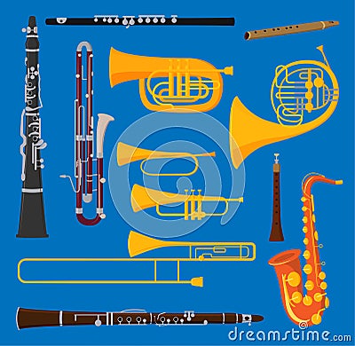Musical wind air tube brass instruments vector isolated on background blow blare studio acoustic shiny musician brass Vector Illustration