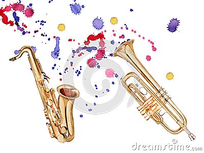 Musical wind instruments. Saxophone and trumpet. Isolated on white background. Cartoon Illustration