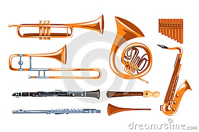 Musical wind instruments set, saxophone, clarinet, trumpet, trombone, tuba, pan flute vector Illustrations i on a white Vector Illustration