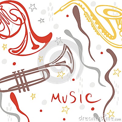 Musical wind instruments. Vector sketch illustration Vector Illustration