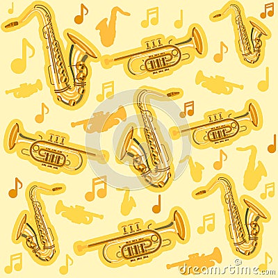 Musicial instruments saxophone and cornet pattern Vector Illustration