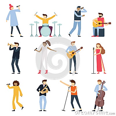 Musician artists. Guitar playing artist, young drummer and pop song singer. Musical instruments stage players isolated Vector Illustration