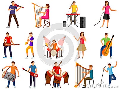 Musician and artists playing guitar, drum, harp, keyboard Vector Illustration