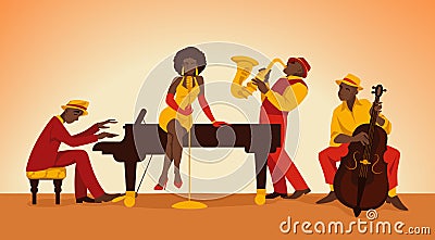 Musician. Cartoon jazz band. Persons perform on stage. Woman singing. Men playing acoustic music with double bass Vector Illustration