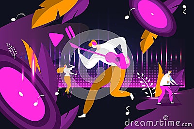 Musician character male band, man guitarist play pop music woman sing popular song, person keyboardist flat vector Vector Illustration