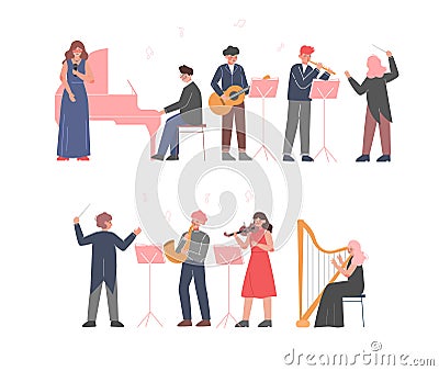 Musician Characters Playing Musical Instruments Set, Playing Violin, Classical Musicians Performingon Stage Vector Illustration
