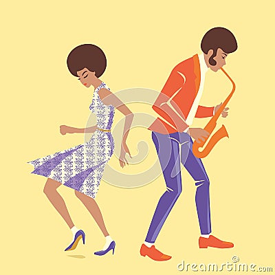 Musician and a dancer in retro style Vector Illustration