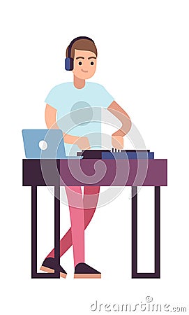 Musician. DJ female character in headphones play electronic music, disco musical show entertainment in night club or Vector Illustration