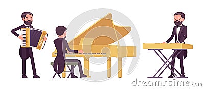 Musician, elegant tuxedo man playing professional keyboard instruments Vector Illustration