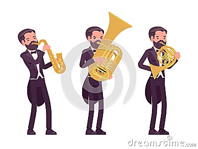 Musician, elegant tuxedo man playing professional wind instruments Vector Illustration