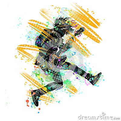 Musician with a guitar. Rock guitarist guitar player abstract illustration with large strokes of paint art silhouette man colorful Cartoon Illustration