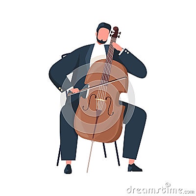 Musician holding bow and playing cello. Cellist performing classic music on string instrument. Violoncellist sitting Vector Illustration