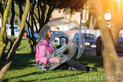 Musician instrumentalist with the tuba. Stock Photo