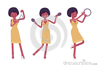 Musician, jazz, rock and roll african woman playing percussion instruments Vector Illustration