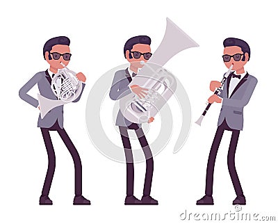 Musician, jazz, rock and roll man playing professional wind instruments Vector Illustration