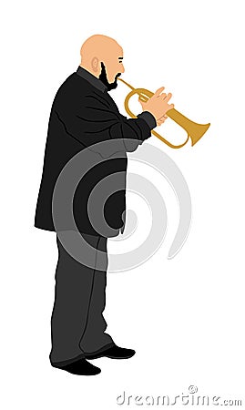 Musician man with trumpet on stage vector isolated on white background. Music men. Jazz man. Bugler artist street performer. Stock Photo
