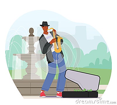 Musician Performing Jazz Show On City Street Playing Saxophone For Pedestrians. Talented Man Play Melody in Park Vector Illustration