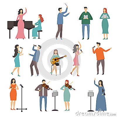 Musician persons in different music duets. Vector characters of singers Vector Illustration