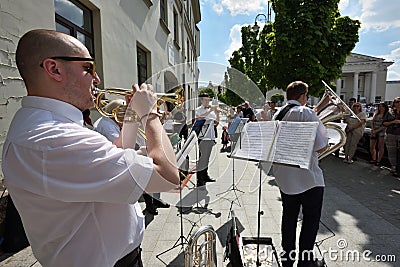 Musician play trumpet in Street Music Day Editorial Stock Photo