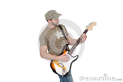 Musician playing electric guitar with enthusiasm. Isolated on white Stock Photo