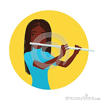 Musician playing flute. Girl flutist is inspired to play a classical musical instrument. Vector. Vector Illustration