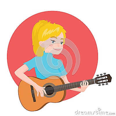 Musician playing guitar. Blonde girl guitarist is inspired to play a classical musical instrument. Vector illustration Vector Illustration