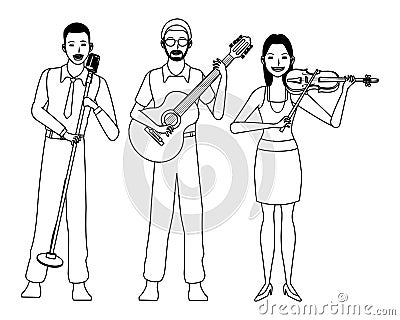 Musician playing guitar violin and singing black and white Vector Illustration