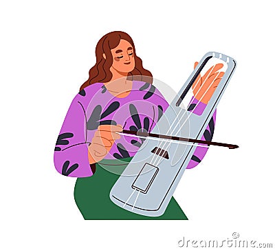 Musician playing tagelharpa, northern folk music instrument. Happy woman performing on talharpa, Scandinavian Sweden Vector Illustration