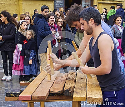Musician playing the Txalaparta, a traditional instrument of the Basque Country. Spain Editorial Stock Photo