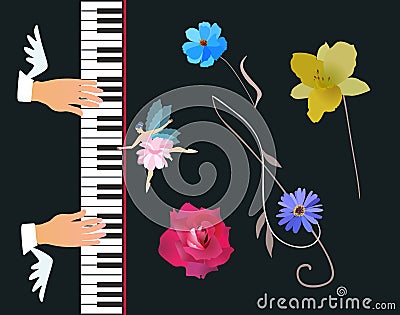 Musician plays the concert grand piano. Symbolic illustration of inspiration: winged hands, little fairy ballerina Vector Illustration