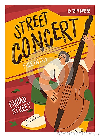 Musician plays double bass on live concert. Advertisement flyer, poster of jazz festival. Jazzman on music event placard Vector Illustration