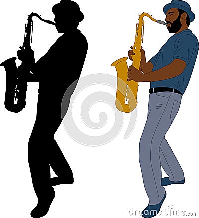 Musician plays saxophone illustration and silhouette Vector Illustration