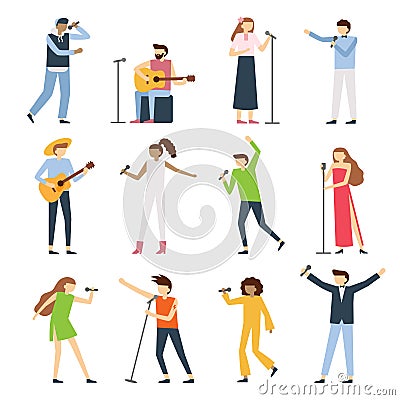 Musician singers people. Vocal singer artist, singing diva opera with mic and musicians sing song concert vector flat Vector Illustration